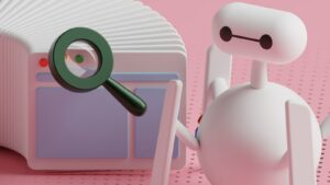 a white robot holding a magnifying glass